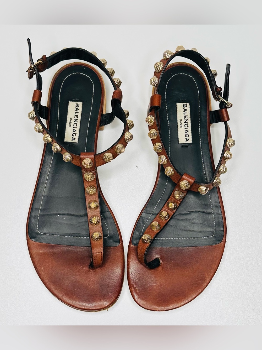 Balenciaga Arena Studded Brown Leather T-Strap Thong Sandals Flats Shoes